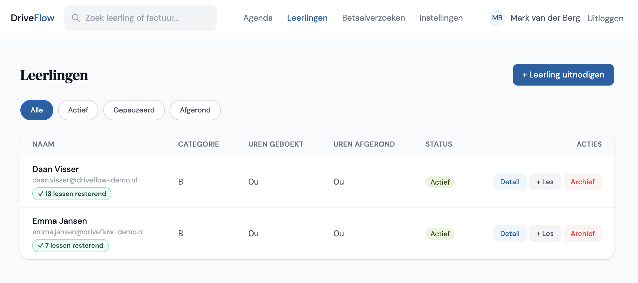 DriveFlow leerlingenlijst met lestegoed-indicator per leerling
