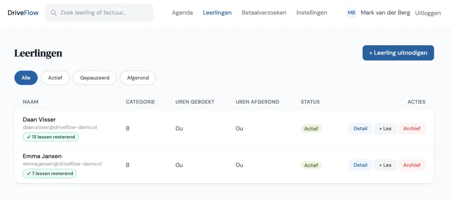 DriveFlow leerlingenlijst met lestegoed-indicator per leerling